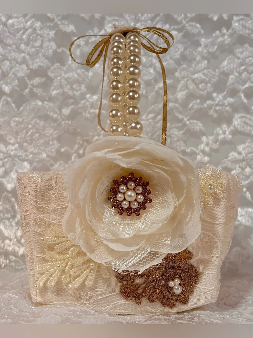🌸 Handmade Ivory, Cream and Gold Ring Pillow and Flower Basket